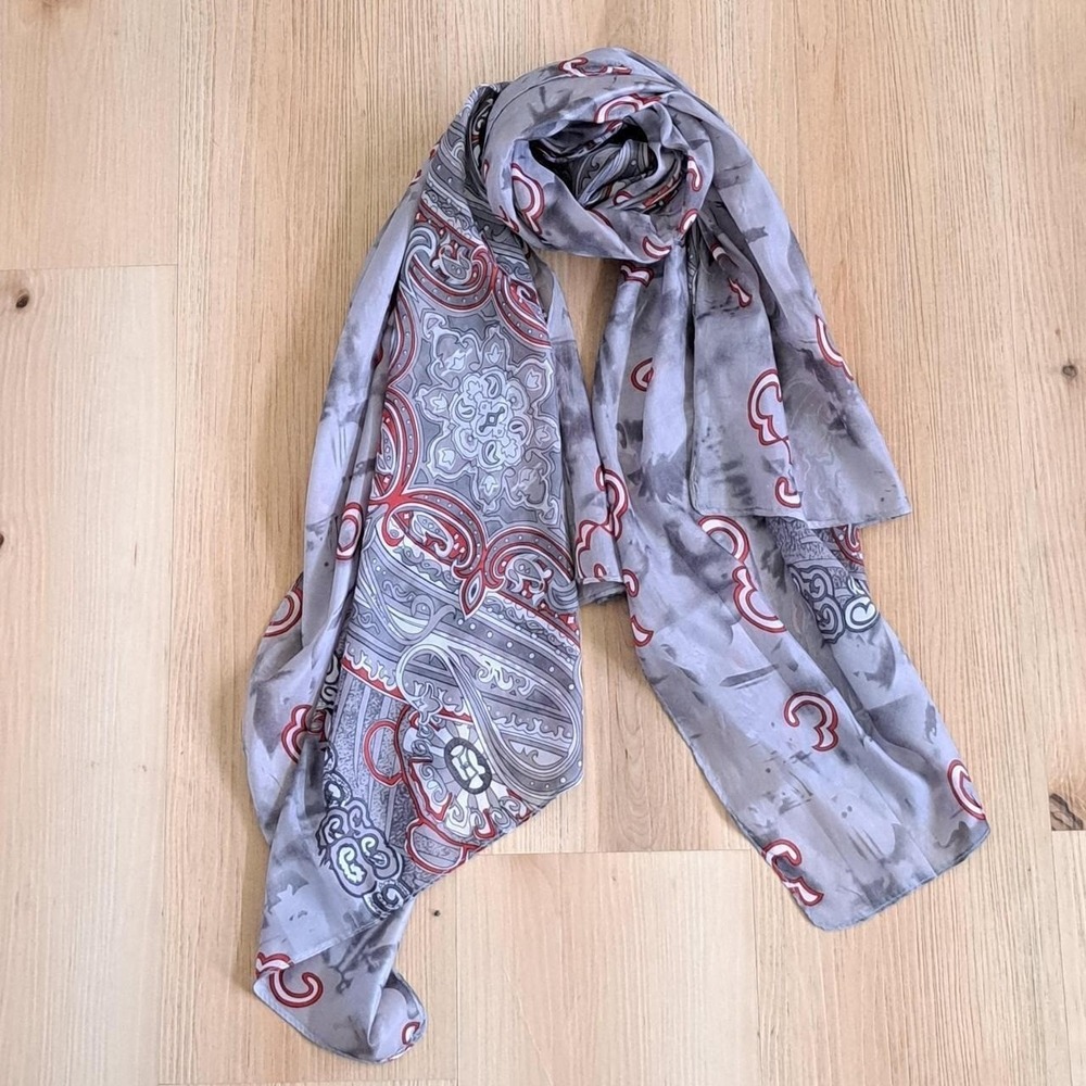 Grey Paisley Print Silk Feel Scarf Red White Accents